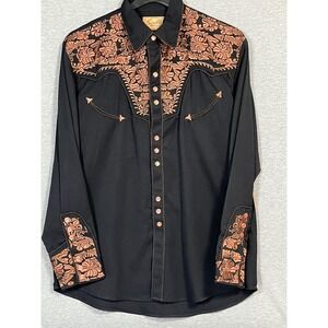 NWT Scully Mens Western Shirt Black Copper Floral Embroidered Snap Front P-634 M